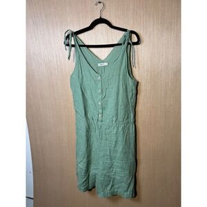 Magic Linen Womens Sage Green 100% Linen Tie Shoulder Button Front Romper Size L